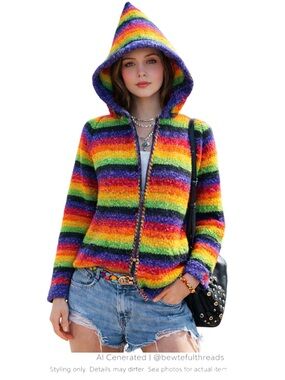Rainbow Wool Pixie Hood Zip Hoodie S/M Festival Fairycore Knit